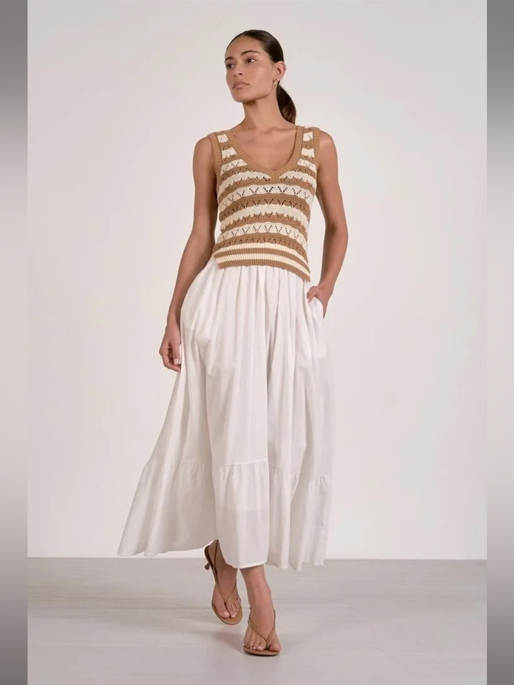 Elan Cream Maxi Dress with Tan Knit V-Neck Bodice
